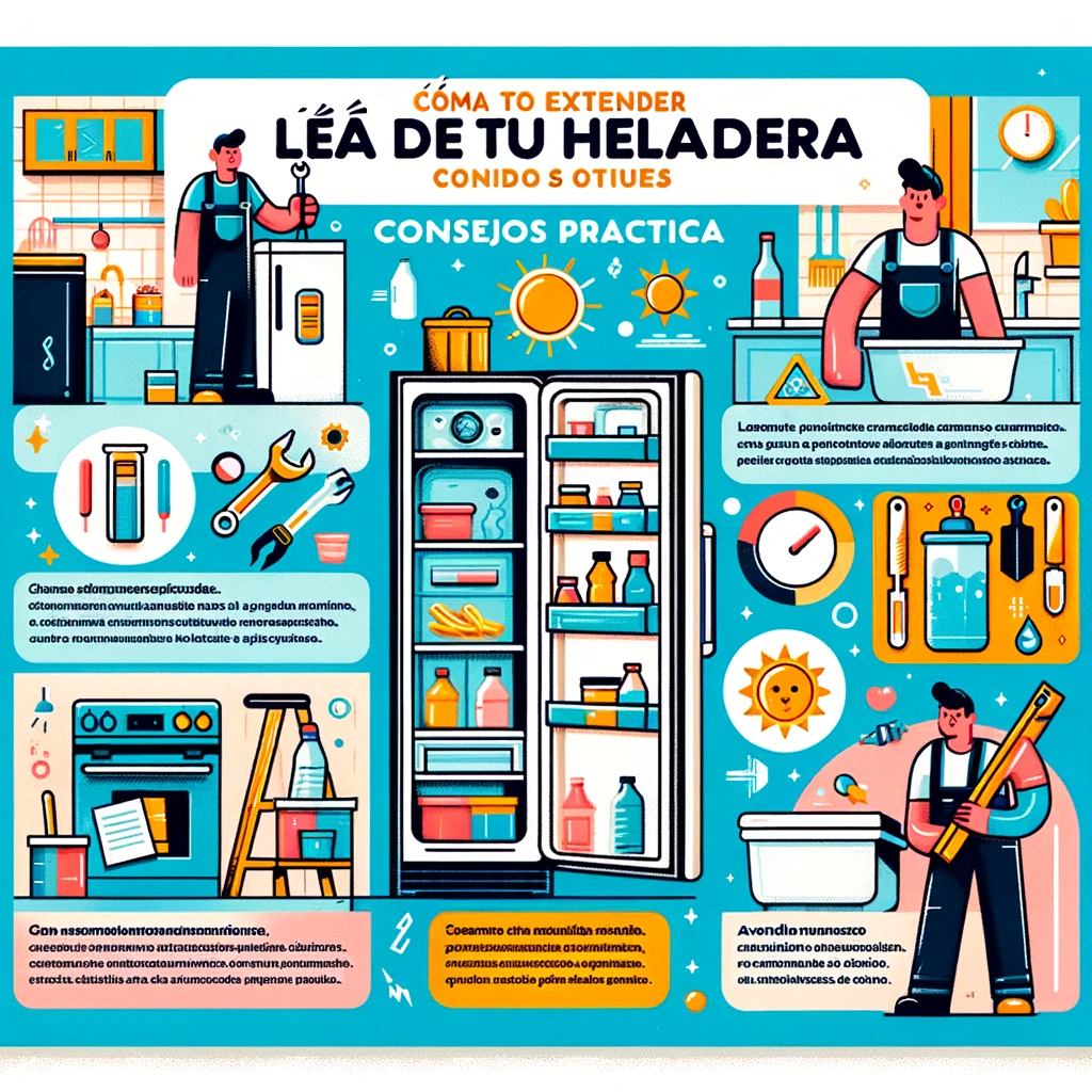DALL·E 2023 11 09 11.14.55 A colorful and informative infographic titled Como Extender la Vida Otil de tu Heladera Consejos Practicos. The infographic includes illustrations